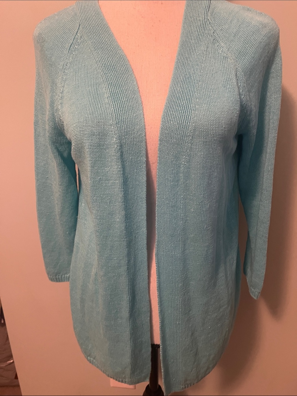 Talbots Open-Front Teal Linen Cardigan Sweater